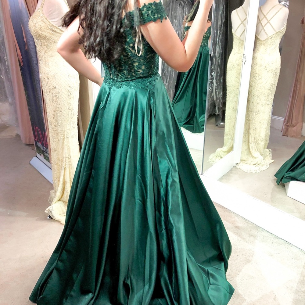 FAVIANA Style 10422- Emerald Green Off-Shoulder Dress - Picture 7 of 11